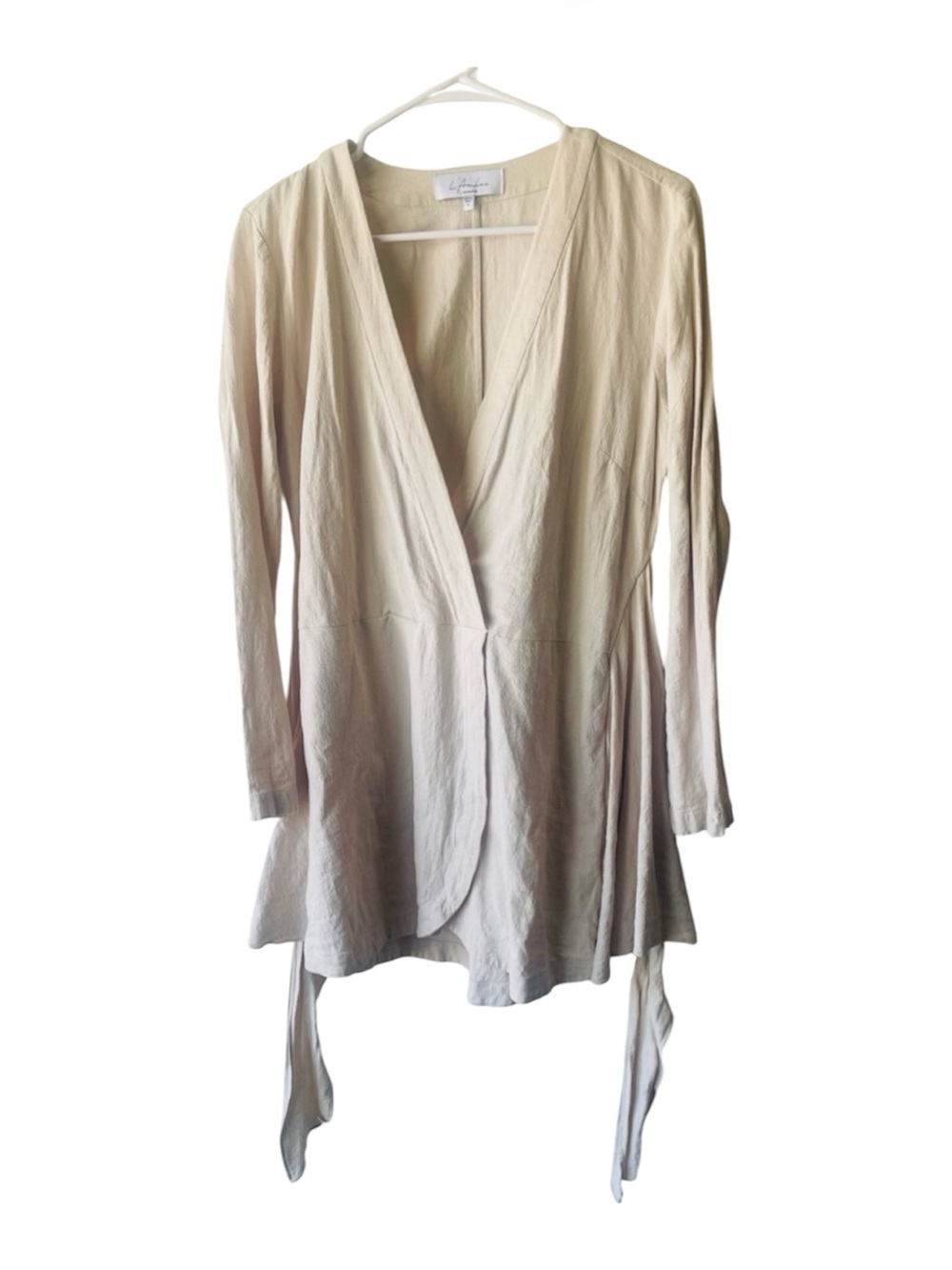 L’ Academie Tie-Waist Cream Mini Dress with V-Neck
